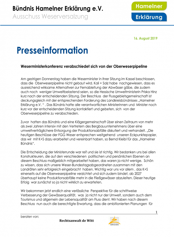 Weserministerkonferenz verabschiedet sich von der Oberweserpipeline 1