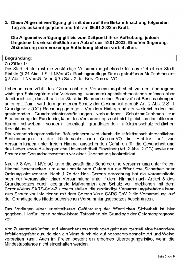 Allgemeinverfuegung der Stadt Rinteln ueber die Pflicht zum Tragen von Mund Nasen Bedeckungen fuer Teilnehmende bei Versammlungen i.S.v. Art. 8 GG 2