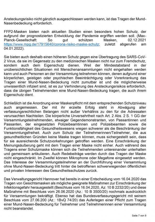 Allgemeinverfuegung der Stadt Rinteln ueber die Pflicht zum Tragen von Mund Nasen Bedeckungen fuer Teilnehmende bei Versammlungen i.S.v. Art. 8 GG 7