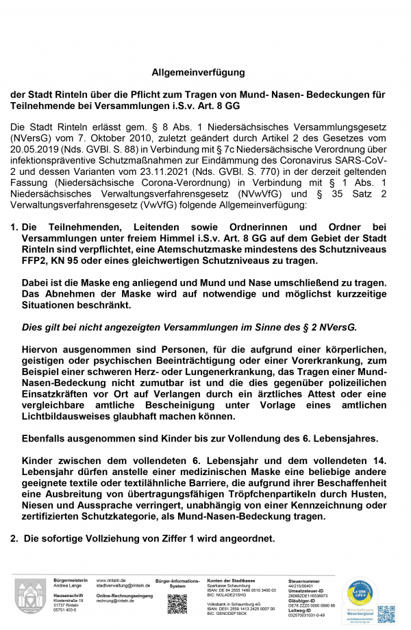 Allgemeinverfuegung der Stadt Rinteln ueber die Pflicht zum Tragen von Mund Nasen Bedeckungen fuer Teilnehmende bei Versammlungen i.S.v. Art. 8 GG 1